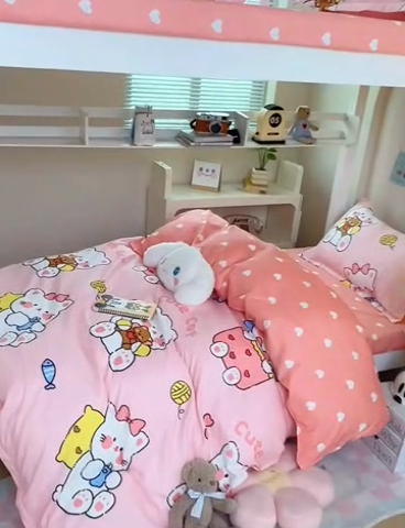 91家纺网 家纺一手货源 找家纺 卡斯诺家纺馆 2025新款芦荟棉宿舍床上下铺三件套 顽皮猫咪