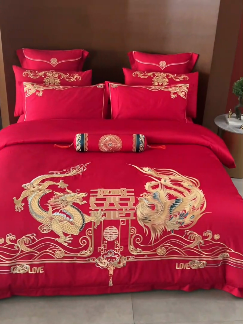 91家纺网 家纺一手货源 找家纺 宏羽纺家纺 2024新款13372纯棉婚庆套件系列 龙凤美满