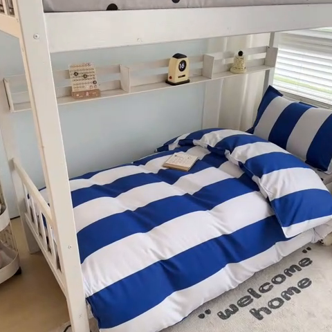 91家纺网 家纺一手货源 找家纺 卡斯诺家纺馆 2025新款芦荟棉宿舍床上下铺三件套 曲调-蓝