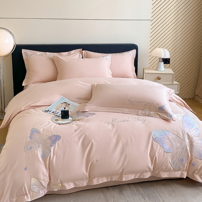 91家纺网 家纺一手货源 找家纺 理想家家纺 2024新款13372全棉刺绣四件套系列-梦蝶 粉