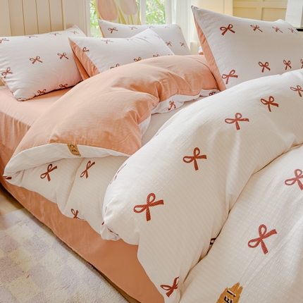 91家纺网 家纺一手货源 找家纺 晚爱家纺 2024新款A类有氧提花彩竺棉小竺棉四件套 蝴蝶结