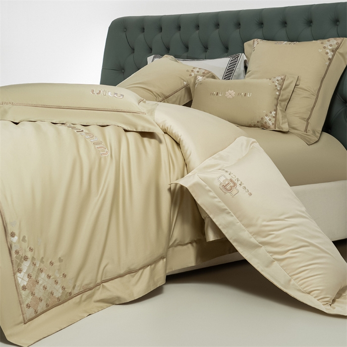 91家纺网 家纺一手货源 找家纺 2025新款AB版长绒棉高端绣花四件套-茜雅 茜雅-油果绿