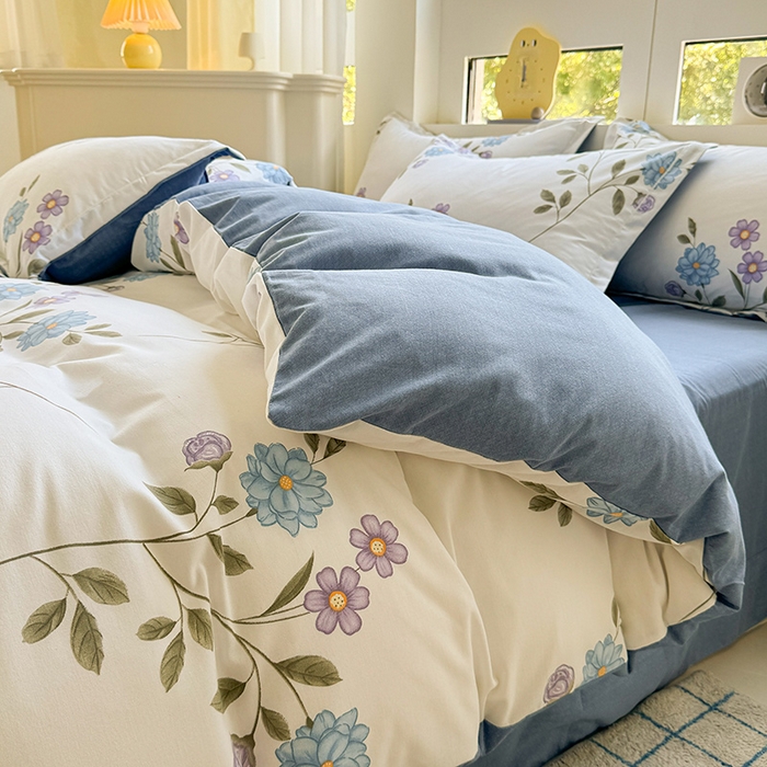 91家纺网 家纺一手货源 找家纺 韩后家纺 2025新款全棉AB版磨毛印花四件套 梦幻花语 蓝