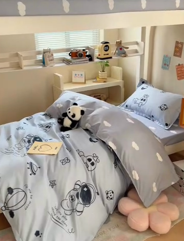 91家纺网 家纺一手货源 找家纺 卡斯诺家纺馆 2025新款芦荟棉宿舍床上下铺三件套 太空漫步