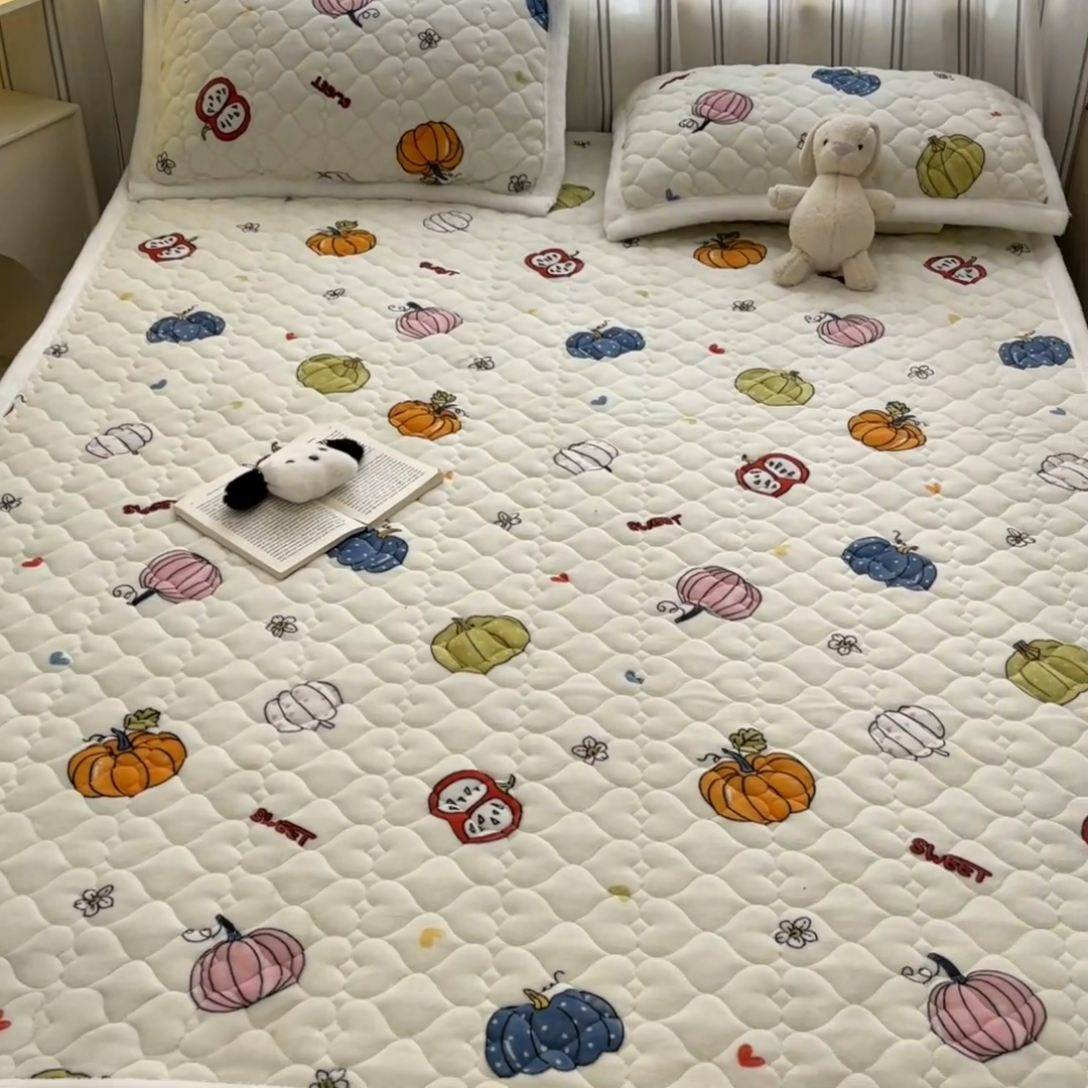 91家纺网 家纺一手货源 找家纺 启程家纺 2024新款A类印花牛奶绒床垫加厚绒保暖床护垫 七彩南瓜