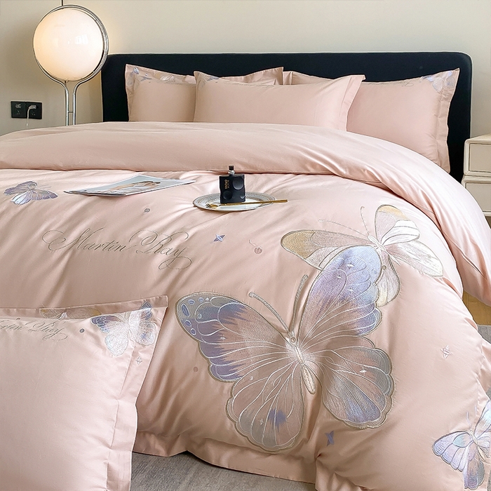 91家纺网 家纺一手货源 找家纺 理想家家纺 2024新款13372全棉刺绣四件套系列-梦蝶 粉