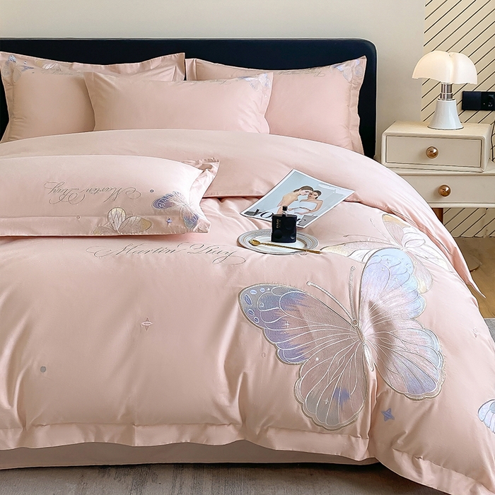 91家纺网 家纺一手货源 找家纺 理想家家纺 2024新款13372全棉刺绣四件套系列-梦蝶 粉