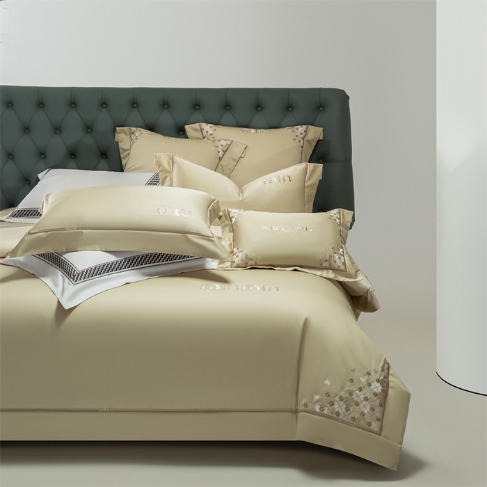 91家纺网 家纺一手货源 找家纺 2025新款AB版长绒棉高端绣花四件套-茜雅 茜雅-油果绿