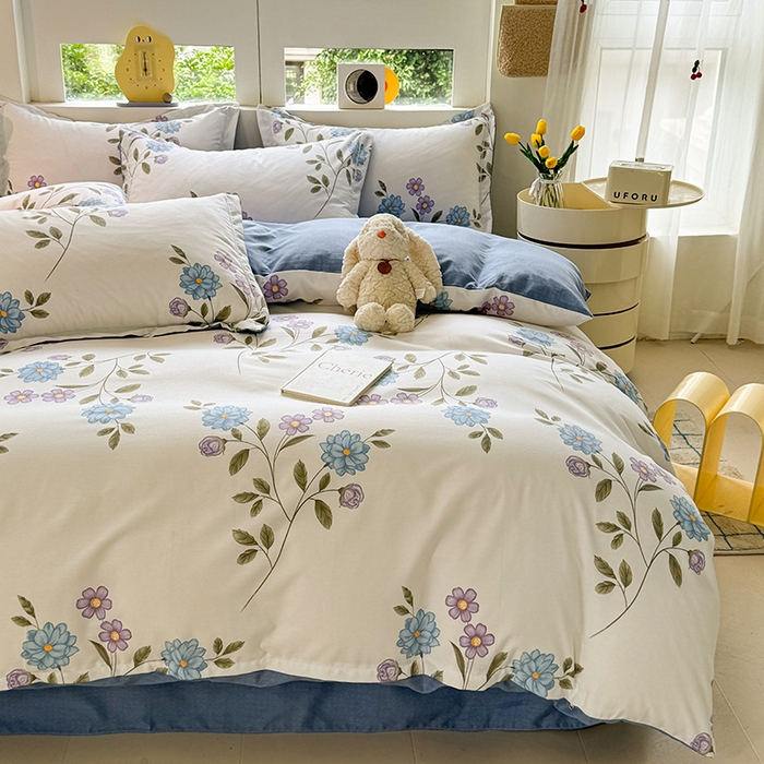 91家纺网 家纺一手货源 找家纺 韩后家纺 2025新款全棉AB版磨毛印花四件套 梦幻花语 蓝