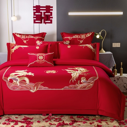 91家纺网 家纺一手货源 找家纺 2025新款长绒棉长绒棉贡缎提花款新中式古典韵味精美刺绣婚庆四件套多件套 龙凤喜韵