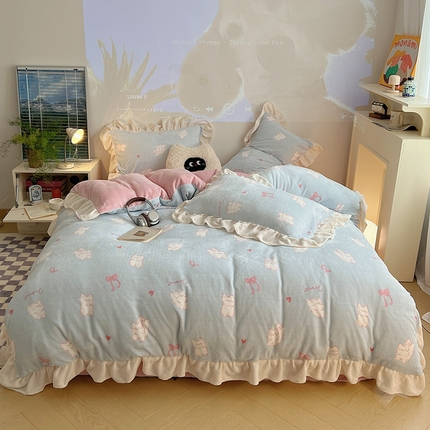 桃子家居 2024新款A类ins韩版花边少女心加厚牛奶绒四件套 绒-花边蓝粉猫咪