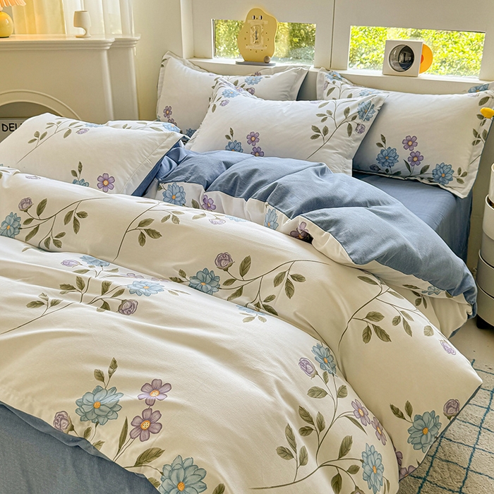 91家纺网 家纺一手货源 找家纺 韩后家纺 2025新款全棉AB版磨毛印花四件套 梦幻花语 蓝