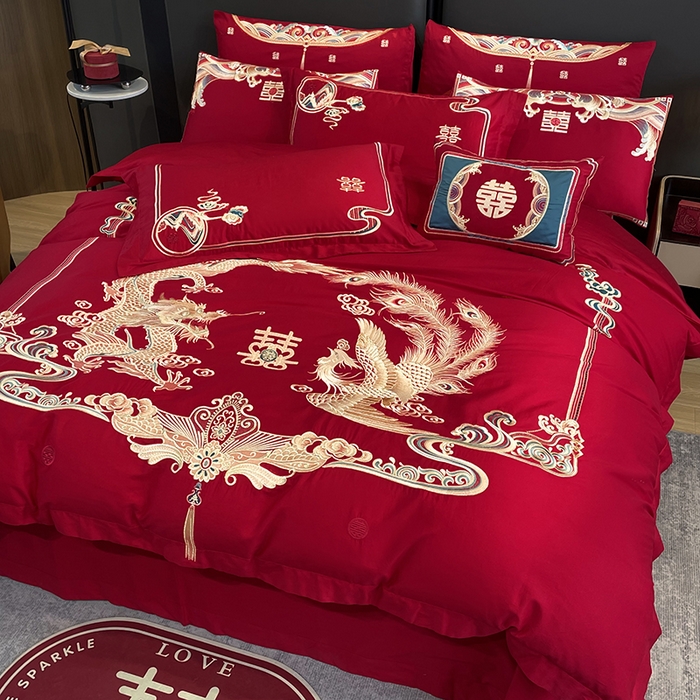 91家纺网 家纺一手货源 找家纺 用心 2024年新款双面磨毛绣花婚庆四件套 百年龙凤