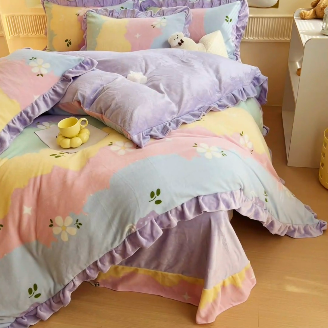 91家纺网 家纺一手货源 找家纺 找底底家纺 2024新款牛奶绒印花四件套 彩虹