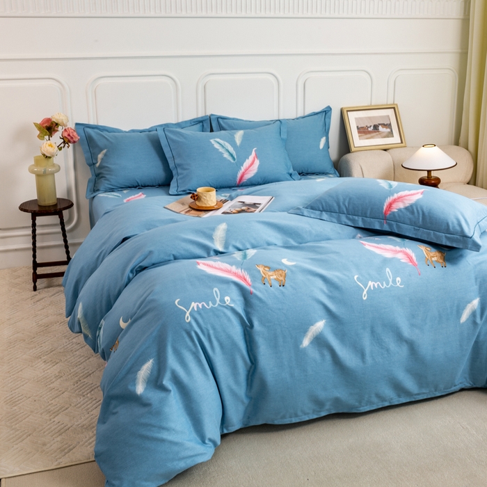 91家纺网 家纺一手货源 找家纺 威布斯家居 2024新款AA版全棉加厚磨毛四件套 柠檬树下-蓝