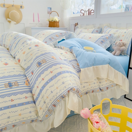 91家纺网 家纺一手货源 找家纺 灰鲸 2025新款ins水洗双层纱公主风四件套 小熊庄园