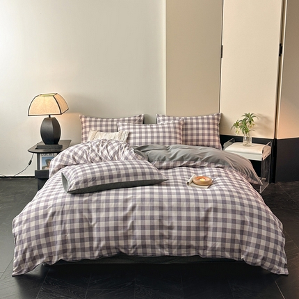 雅居纺家纺 2024新款全棉印花磨毛四件套 小格灰