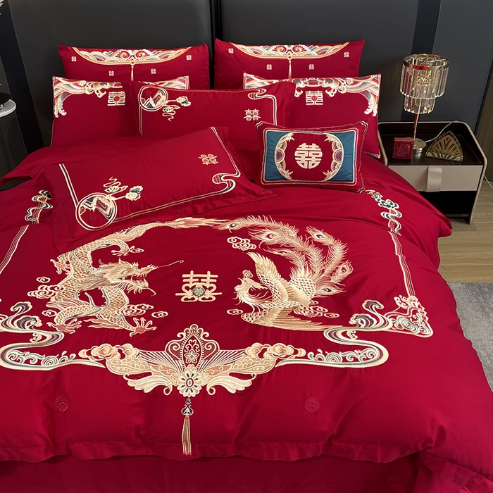 91家纺网 家纺一手货源 找家纺 用心 2024年新款双面磨毛绣花婚庆四件套 百年龙凤