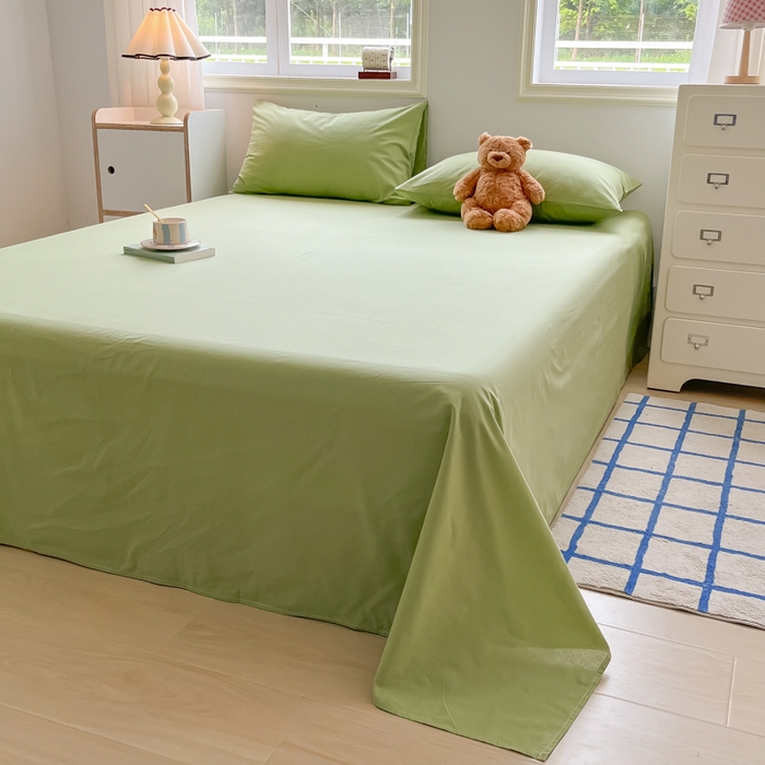 91家纺网 家纺一手货源 找家纺 韩巢家纺 2024新款简约格子纯色A类水洗棉床单枕套三件套 A类浅草绿-床单