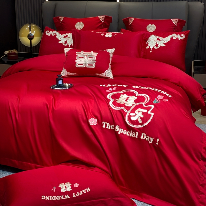 91家纺网 家纺一手货源 找家纺 用心 2024新款亲肤加厚磨毛新中式婚庆四件套多件套 囍乐