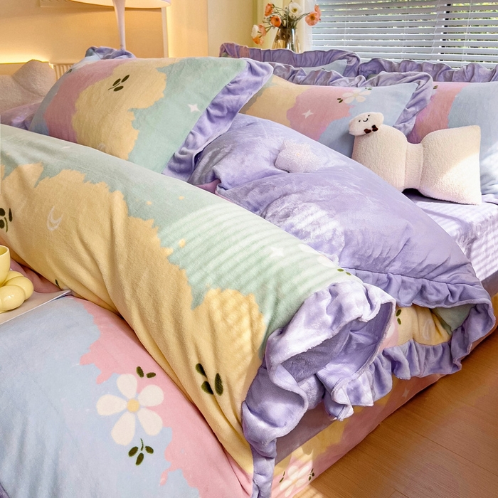 91家纺网 家纺一手货源 找家纺 找底底家纺 2024新款牛奶绒印花四件套 彩虹