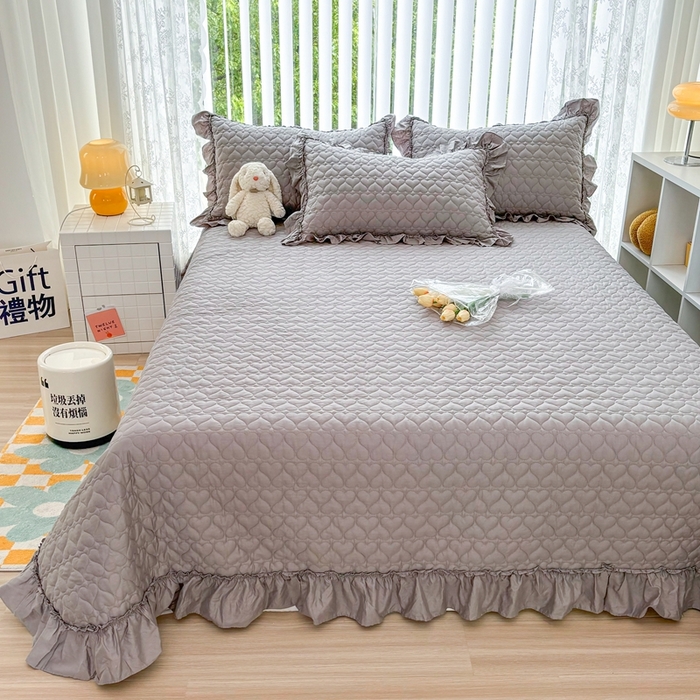 91家纺网 家纺一手货源 找家纺 暖居 2024新款250X270韩系纯色纯棉床盖三件套四件套+双面纯棉同款春秋被 夜空灰花束款