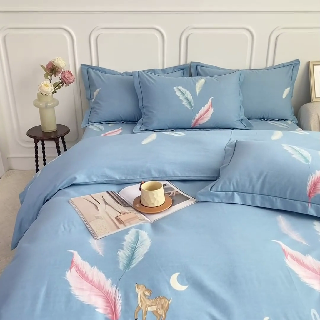 91家纺网 家纺一手货源 找家纺 威布斯家居 2024新款AA版全棉加厚磨毛四件套 柠檬树下-蓝