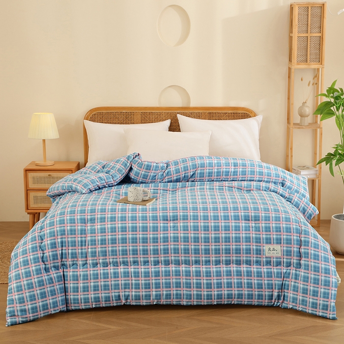 91家纺网 家纺一手货源 找家纺 优布加 2024新款色织水洗棉格斜抗菌良品系列大豆被冬被 良品-蓝格