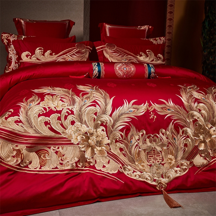 91家纺网 家纺一手货源 找家纺 宏羽纺家纺 2024新款高支高密纯棉提花婚庆套件系列（控价680）凤凰来仪-金