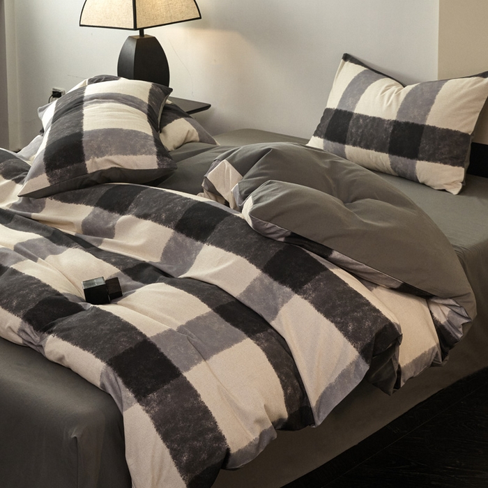 91家纺网 家纺一手货源 找家纺 雅居纺家纺 2024新款全棉印花磨毛四件套 灰大格