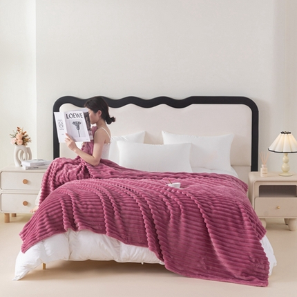 锦禾穗 2024新款兔毛绒多功能毛毯高克重抽条纯色加宽加厚双面绒 兔毛桃红