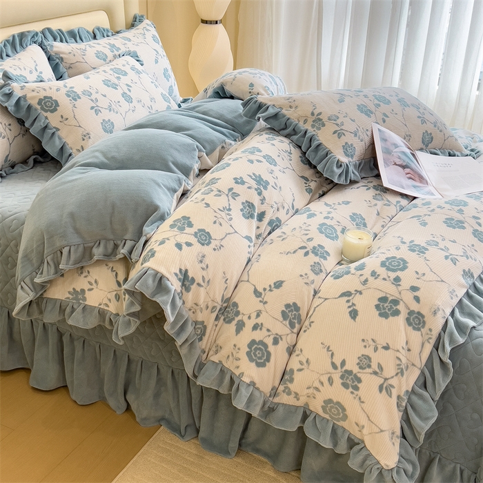 91家纺网 家纺一手货源 找家纺 2024新品A类牛奶绒韩版雕花四件套 蔷薇-蓝