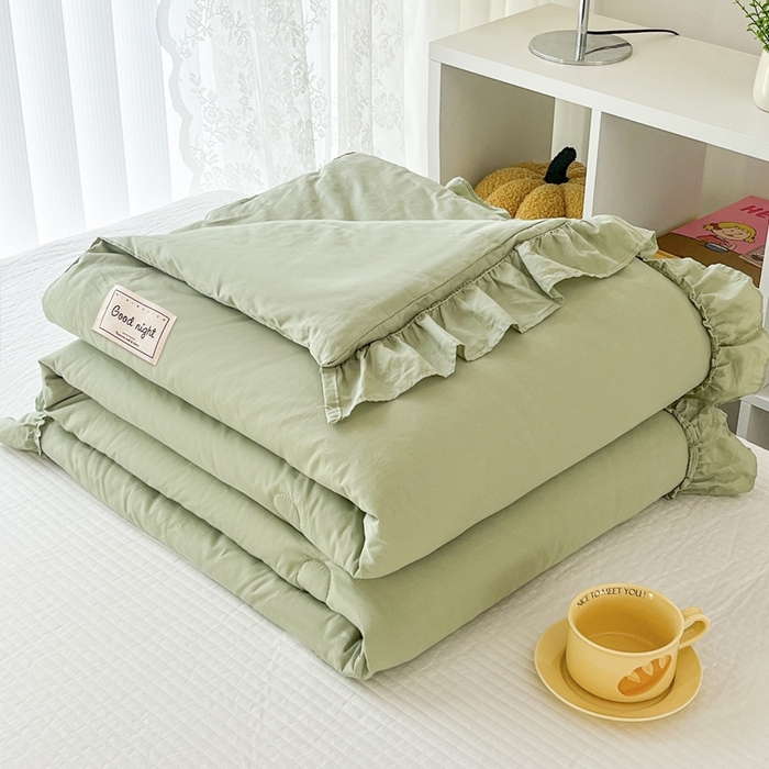 91家纺网 家纺一手货源 找家纺 暖居 2024新款250X270韩系纯色纯棉床盖三件套四件套+双面纯棉同款春秋被 芥末绿花束款