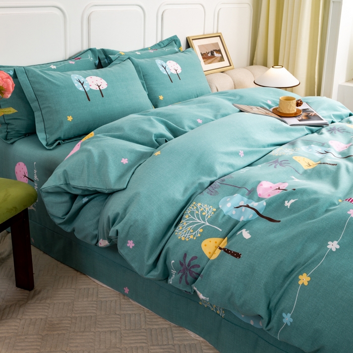 91家纺网 家纺一手货源 找家纺 威布斯家居 2024新款AA版全棉加厚磨毛四件套 欢乐树-绿