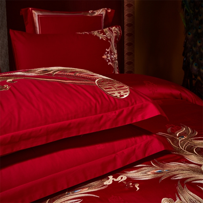 91家纺网 家纺一手货源 找家纺 宏羽纺家纺 2024新款高支高密纯棉提花婚庆套件系列（控价680）凤凰来仪-金