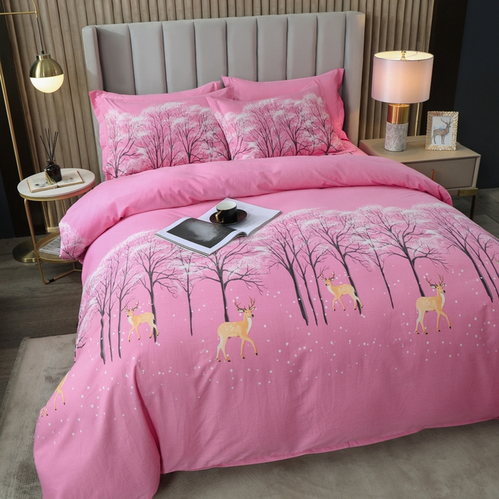 91家纺网 家纺一手货源 找家纺 威布斯家居 2024新款AA版全棉加厚磨毛四件套 鹿雪踏花-粉