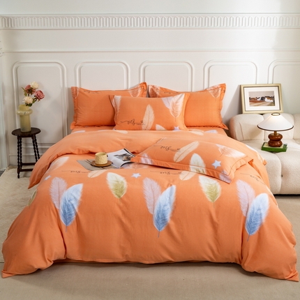 91家纺网 家纺一手货源 找家纺 威布斯家居 2024新款AA版全棉加厚磨毛四件套 羽叶庭-桔