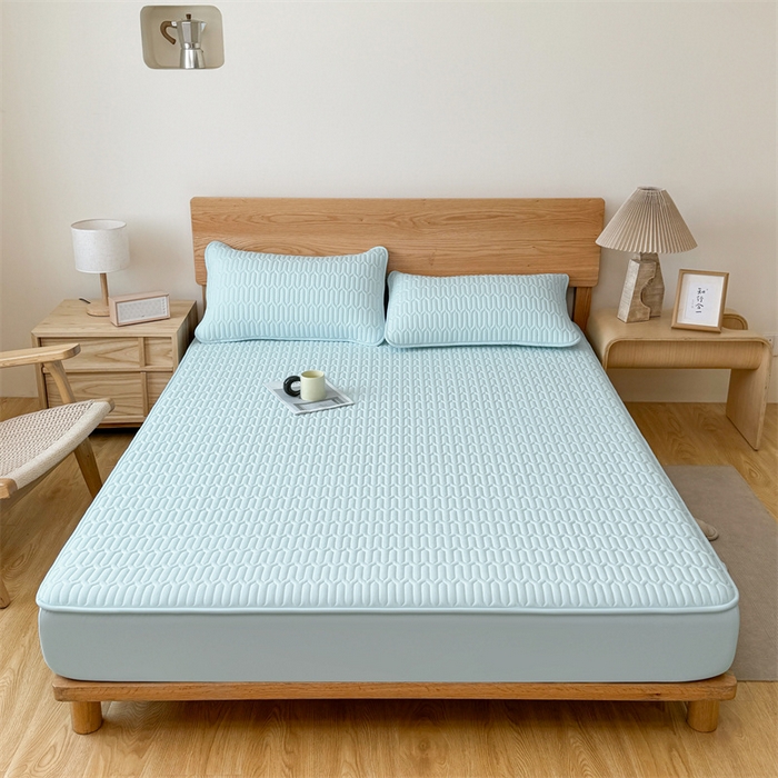 91家纺网 家纺一手货源 找家纺 雯豆家纺 2025新品【漏水包赔】防水隔尿加厚夹棉床笠三件套床垫保护套纯色床罩 格调防水款-冰川蓝