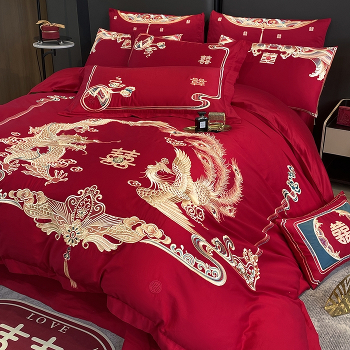 91家纺网 家纺一手货源 找家纺 用心 2024年新款双面磨毛绣花婚庆四件套 百年龙凤