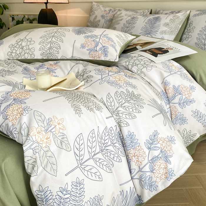 91家纺网 家纺一手货源 找家纺 雅居纺家纺 2024新款全棉印花磨毛四件套 绿染悠夏