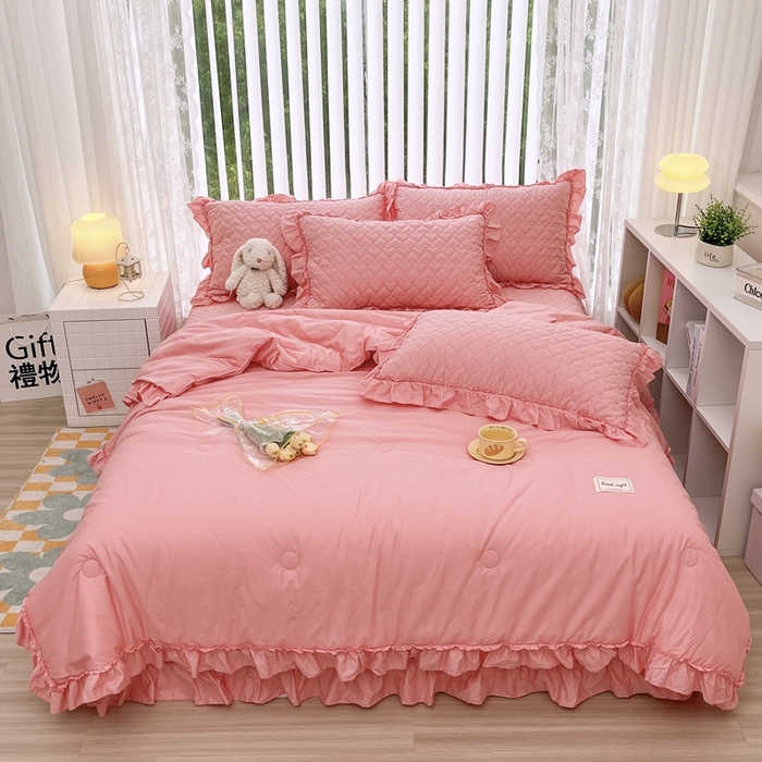 91家纺网 家纺一手货源 找家纺 暖居 2024新款250X270韩系纯色纯棉床盖三件套四件套+双面纯棉同款春秋被 玫红花束款