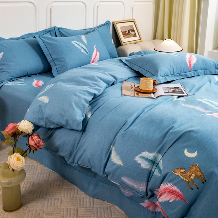 91家纺网 家纺一手货源 找家纺 威布斯家居 2024新款AA版全棉加厚磨毛四件套 柠檬树下-蓝