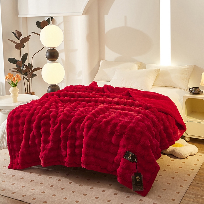 91家纺网 家纺一手货源 找家纺 尚品凤凰 2025新款亲肤舒适加厚保暖貂绒兔毛泡泡毛毯 泡泡-大红