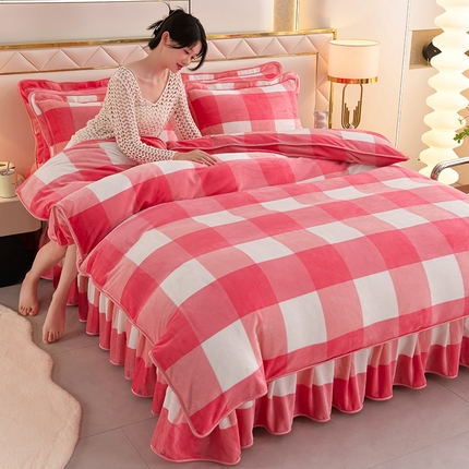 绒耀 2025新款高克重牛奶绒四件套保暖四件套直播爆款电商爆款 粉格