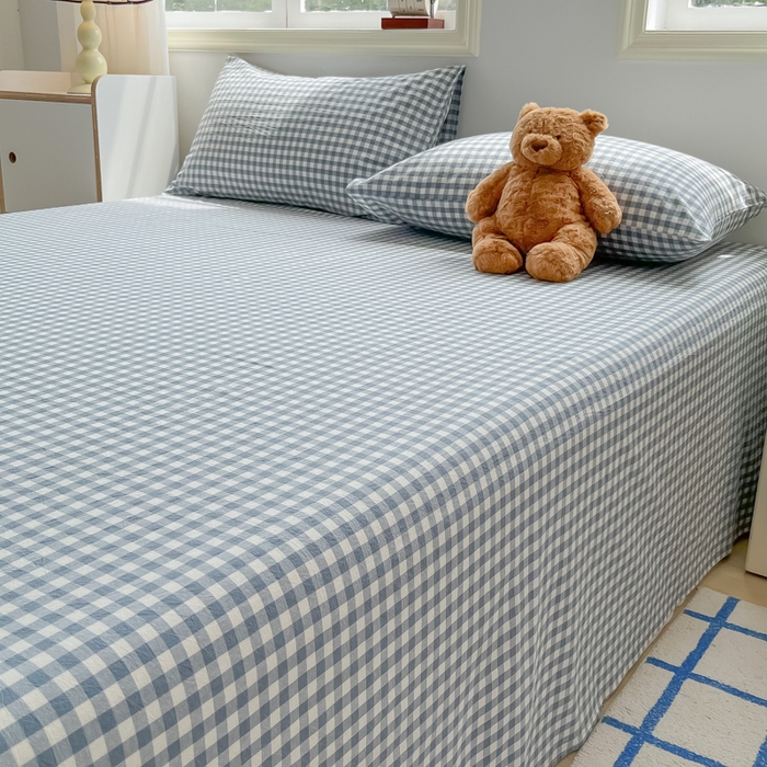 91家纺网 家纺一手货源 找家纺 韩巢家纺 2024新款简约格子纯色A类水洗棉床单枕套三件套 A类兰色格-床单