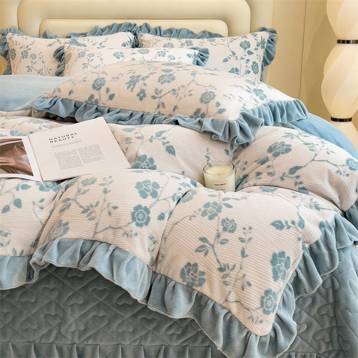 91家纺网 家纺一手货源 找家纺 2024新品A类牛奶绒韩版雕花四件套 蔷薇-蓝