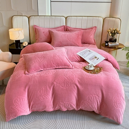 一左一右 2024新款高克重加厚230克剪花雕花牛奶绒四件套7D立体蝴蝶纯色简约床笠 豆沙