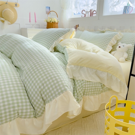 91家纺网 家纺一手货源 找家纺 灰鲸 2025新款ins水洗双层纱公主风四件套 薄荷绿格