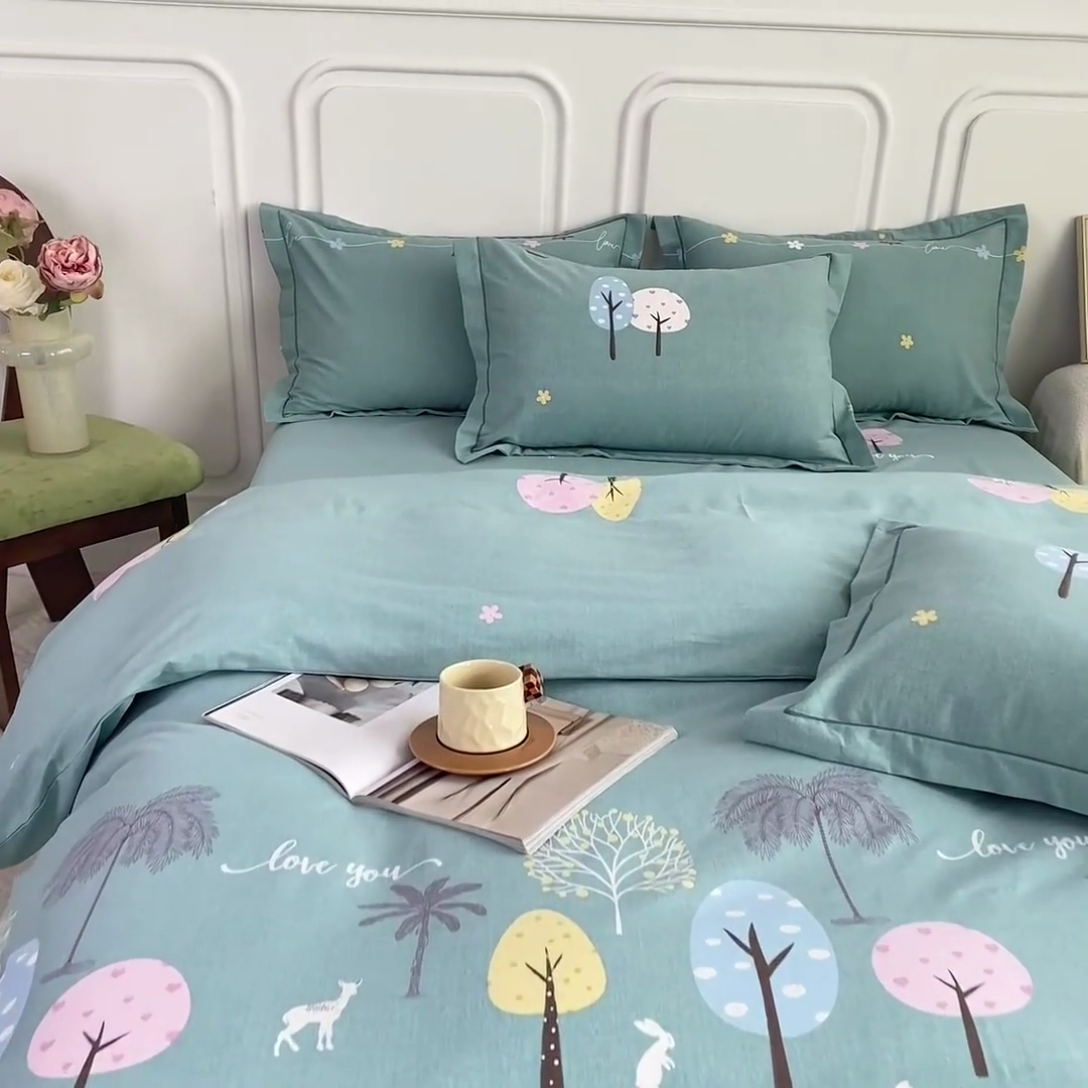 91家纺网 家纺一手货源 找家纺 威布斯家居 2024新款AA版全棉加厚磨毛四件套 欢乐树-绿