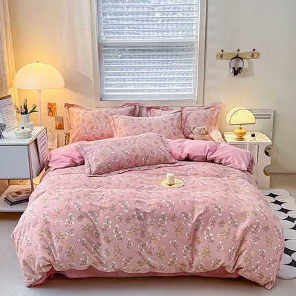 眷恋家纺 2025秋冬新款全棉纯棉喷气加厚磨毛纯棉四件套 寻梦-粉